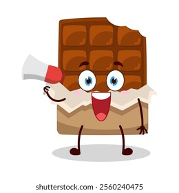 cute happy expression of bite chocolate bar character carry megaphone
