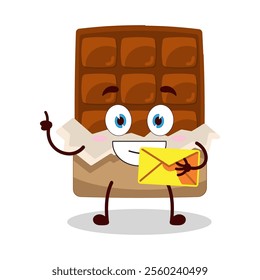 cute happy expression of bite chocolate bar character bring envelope letter
