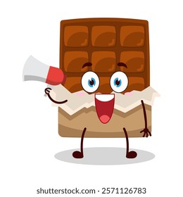 cute happy expression of bite chocolate bar character carry megaphone
