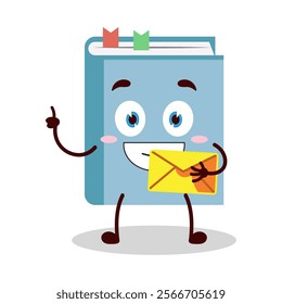 cute happy expression of blue book cartoon character bring envelope letter
