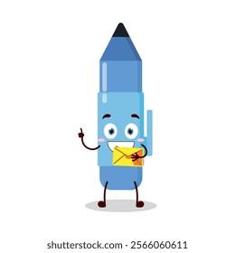 cute happy expression of blue pen cartoon character bring envelope letter
