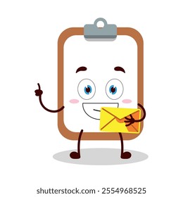 cute happy expression of clipboard cartoon character bring envelope letter