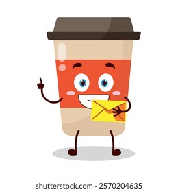 cute happy expression of coffee cup cartoon character bring envelope letter
