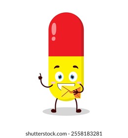 cute happy expression of drug capsule cartoon character bring envelope letter
