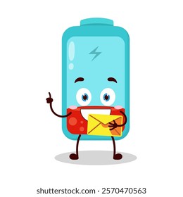 cute happy expression of empty battery cartoon character bring envelope letter
