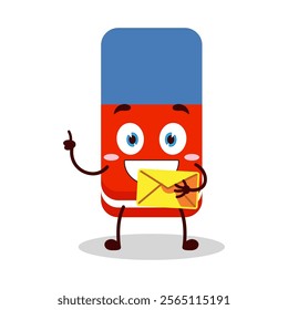 cute happy expression of eraser cartoon character bring envelope letter
