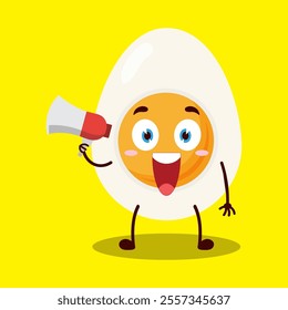 cute happy expression of half boiled egg cartoon character carry megaphone