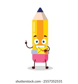 cute happy expression of pencil cartoon character bring envelope letter