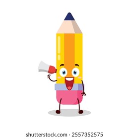 cute happy expression of pencil cartoon character carry megaphone