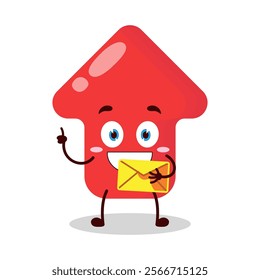 cute happy expression of red arrow cartoon character bring envelope letter
