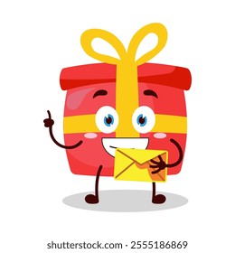 cute happy expression of red gift box cartoon character bring envelope letter