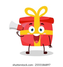 cute happy expression of red gift box cartoon character carry megaphone