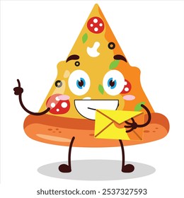 expressão feliz bonito de fatia de pizza trazer personagem de desenho animado carta envelope