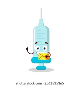 cute happy expression of syringe cartoon character bring envelope letter
