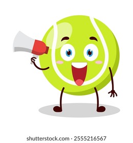 cute happy expression of tennis ball character carry megaphone