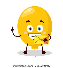 cute happy expression of yellow balloon cartoon character bring envelope letter
