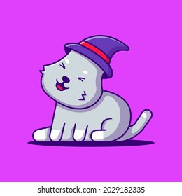 Cute Happy face Cat with Witch Hat Cartoon Illustration. Halloween Flat cartoon Style Concept