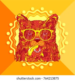 Cute and happy face of dog, ornamental line art style, Indian ornament, vector cartoon illustration