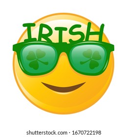 Cute happy face emoji with Irish letters sunglasses on white background, Vector

