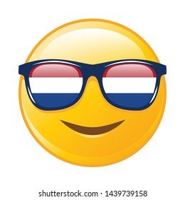 Cute happy face emoji with Netherlands flag sunglasses on white background, Vector