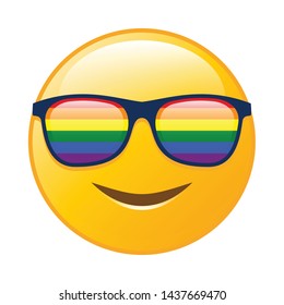 Cute happy face emoji with rainbow flag sunglasses on white background, Vector
