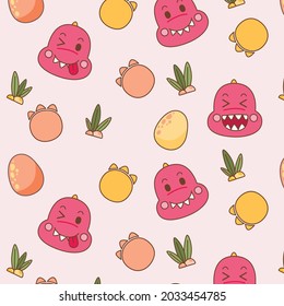 Cute Happy Face Pink Dinosaur Pattern, Vector, Illustration, Dino