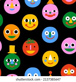 Cute happy face seamless pattern  in funny colorful children illustration style. Flat cartoon people head background for education concept or kid project.