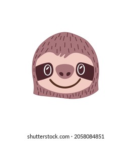 Cute happy face of sloth. Head portrait of funny wild young animal with adorable eyes. Sweet muzzle of amusing rainforest bear in doodle style. Flat vector illustration isolated on white background