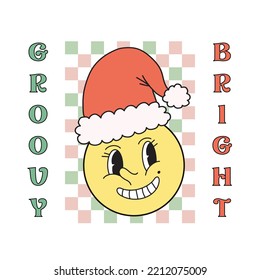 Cute happy face with smile circle symbol with Christmas red Santa hat. Groovy and Bright. Vector illustration isolated on white background. Cute y2k greeting card winter holiday poster with checkered