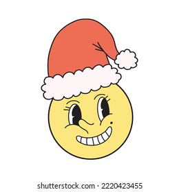 Cute happy face with smile circle symbol with Christmas red Santa hat. Groovy and Bright Vector illustration isolated on white background. Cute y2k retro comics character