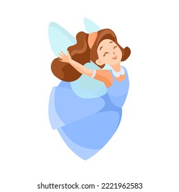 Cute happy fairy in blue dress vector illustration. Happy magical or mythical forest creature or elf with wings flying isolated on white background. Fantasy, fairytale concept