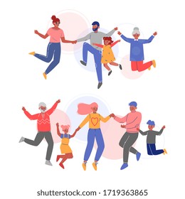 Cute Happy Families Jumping Holding Hands Set, Father, Mother and Their Children Having Fun Together Vector Illustration