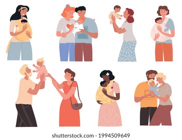 Cute happy families and women with newborn babies. Children, happy parents, grandmothers, grandfathers feeling love. Mother, father, kids hugging each other. Set of flat cartoon vector illustrations