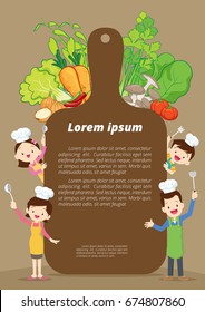 Cute happy family cooking meal kitchen menu ,poster,banner template. dad ,mom ,daughter, son enjoys with vegetables background.