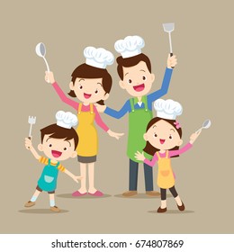 Cuta y feliz comida familiar cocina cocina con papá, mamá, hija, hijo, disfruta cocinar vectorial ilustración de la caricatura.