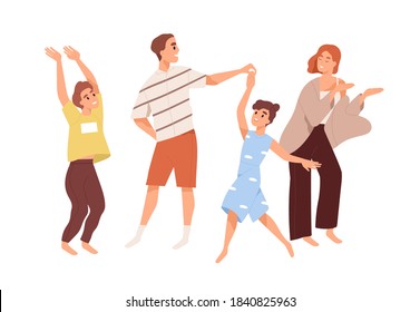 Cute happy family dancing. Joyful children and parents spend time together. Mother and father playing with kids at home isolated on white. Colorful vector illustration in flat cartoon style