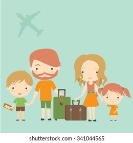 Cute happy family is flying on vacation. Vector illustration