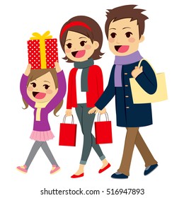 Cute happy family going Christmas shopping together