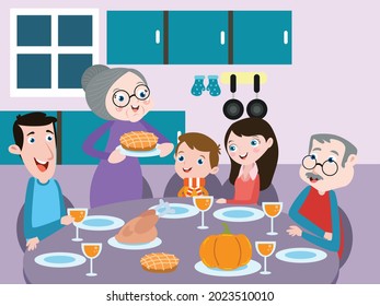 Cute happy family having a Thanksging dinner together 2d cartoon vector illustration