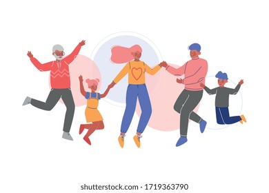 Cute Happy Family Jumping Together, Father, Mother, Daughter and Son Having Fun Vector Illustration