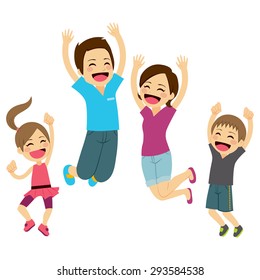 Cute happy family jumping together with arms up