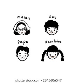 Cute happy family members faces, hand drawn icon style vector