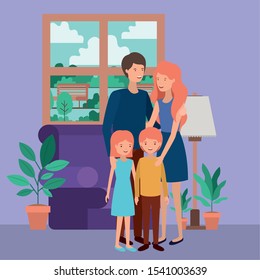 cute and happy family members in the livingroom vector illustration design