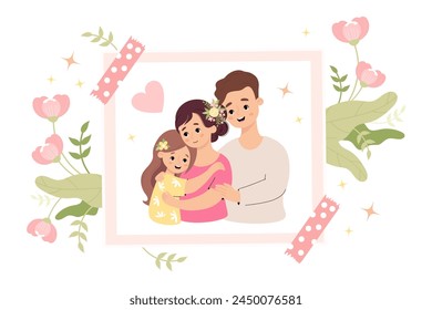 Cute Happy family. Photo card with portrait of man father hugging his beautiful wife and daughter. Holiday photo frame with soft pink flowers. Vector illustration