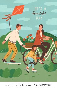 Una familia feliz, una bicicleta, patineta y patinaje al aire libre. Madre, padre e hijo sonrientes haciendo deportes o actividades de ocio en el parque. Vacaciones de verano. Dibujo vectorial plano.