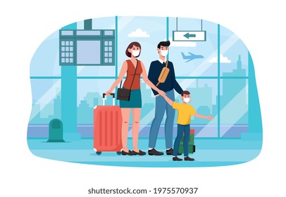 Cute happy family with suitcases walking together at the airport in face masks. Concept of family travelling together with a child by plane. Flat cartoon vector illustration
