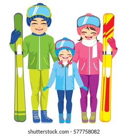 Cute happy family of three members wearing winter clothes with skiing equipment standing isolated