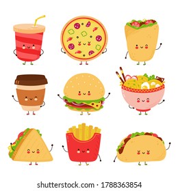 Cute happy fast food characters set. Isolated on white background. Vector cartoon character hand drawn style illustration.Cute happy fast food cartoon mascot character.Fastfood,junky food,pizza,burger