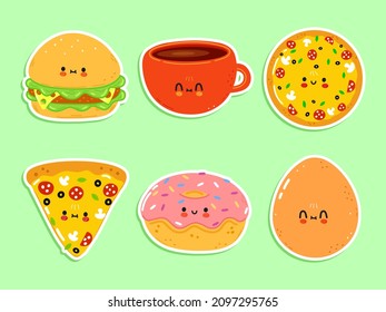 Cute happy fastfood icons set. Vector hand drawn trendy cartoon character illustration. Set of fastfood for postcard, print, label set concept