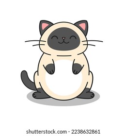 Un gato gordo y feliz está sentado como Buda. Gato siamés al estilo kawaii. Ilustración vectorial dibujada a mano. Personaje de mascota de gatos tailandeses